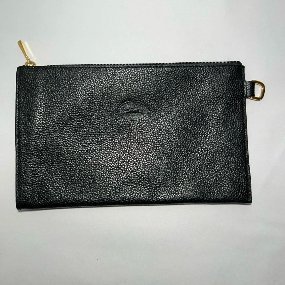 Authentic LONGCHAMP Pure GRAIN LEATHER CLUTCH BAG Makeup Purse Black w/Gold Zip